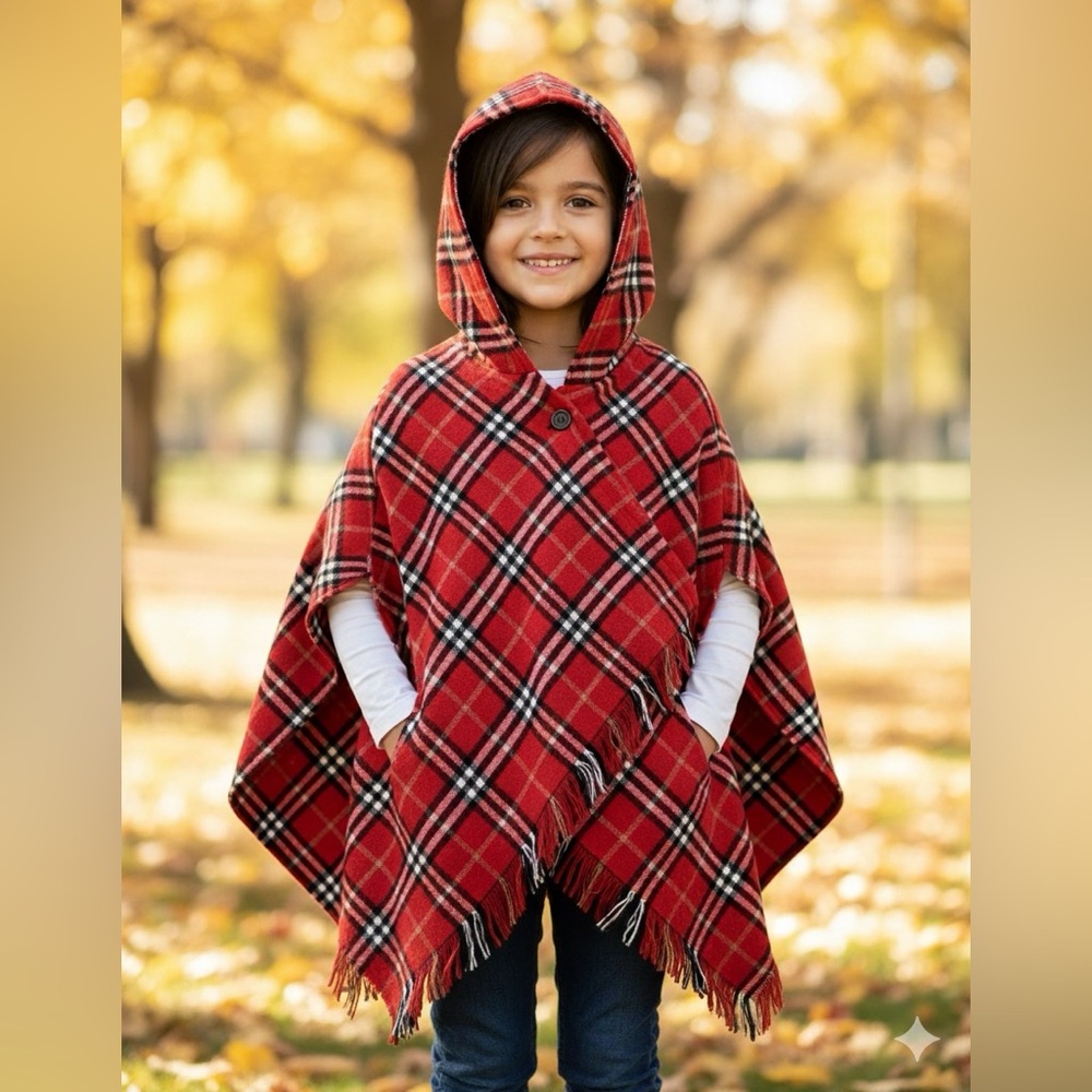 Takara Girls Red Tartan Plaid Hooded Poncho Cape Fringe Size Medium 8/10
